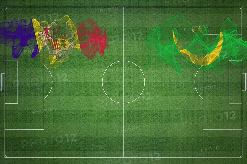 Andorra vs Mauritania Soccer Match, national colors, national flags, soccer field, football game, Competition concept, Copy space
