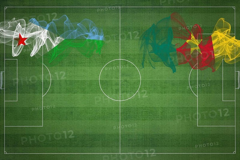 Djibouti vs Cameroon Soccer Match, national colors, national flags, soccer field, football game, Competition concept, Copy space