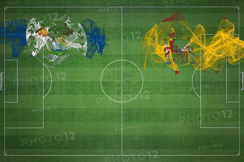 Belize vs Spain Soccer Match, national colors, national flags, soccer field, football game, Competition concept, Copy space
