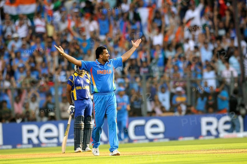 Bowler Zaheer celebrates taking wicket Chamara Kapugedera Sri Lanka 2011 ICC World Cup Wankhede Stadium Mumbai
