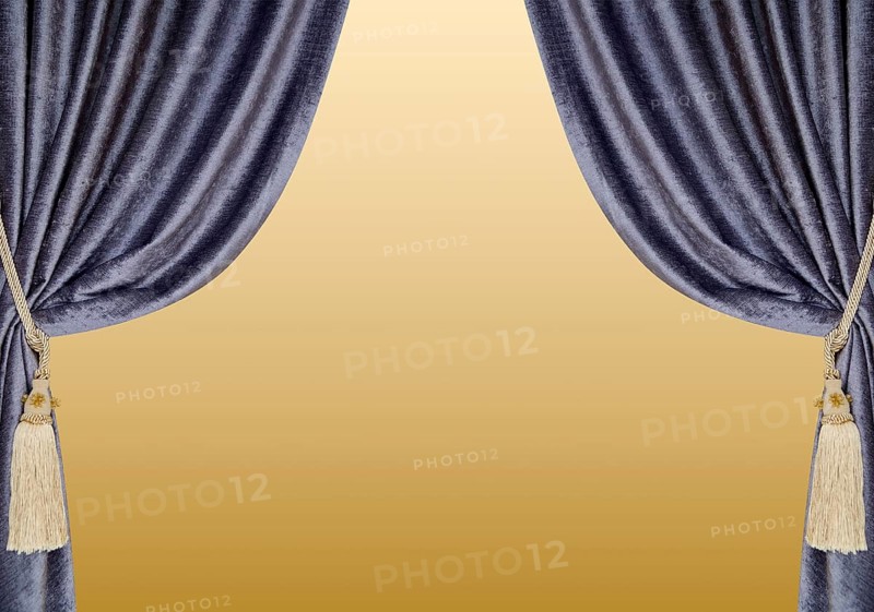 Grey blue curtains with supports and tassels over golden gradient