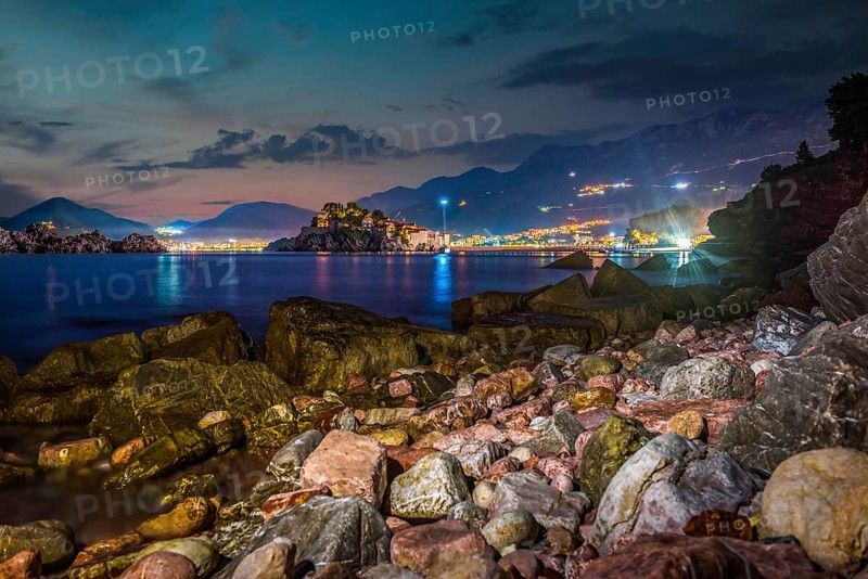 Night over stony sea shore in Sveti Stefan, Montenegro, Europe