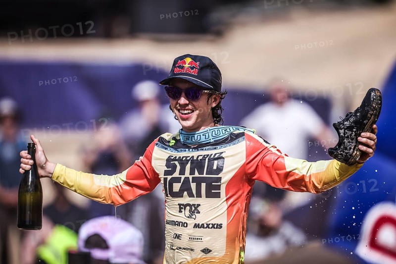 MAYDENA, AUSTRALIA - FEBRUARY 08: Jackson GOLDSTONE of Canada does a Shoey after winning Red Bull Hardline Tasmania on February 8, 2025 in Maydena, Australia, Oceania