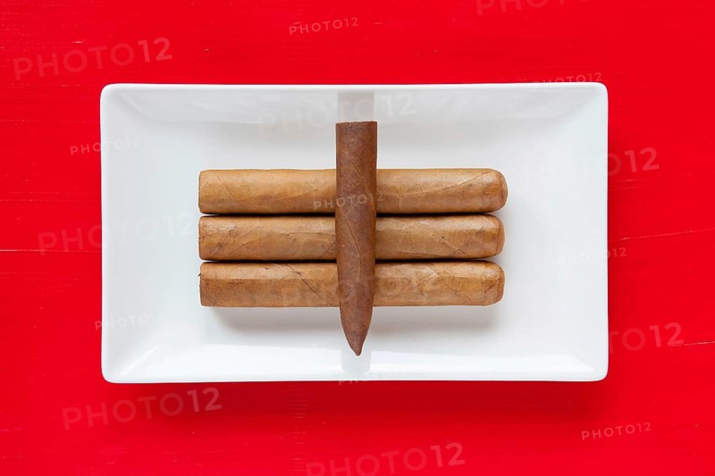 White ceramic dish with luxury Cuban cigars on over red background, rectangle dish
