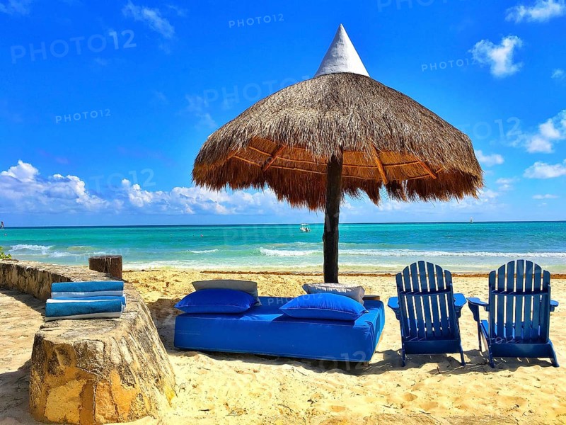 Luxury blue beach chairs on the empty beach, Yucatan, Mexico, Central America