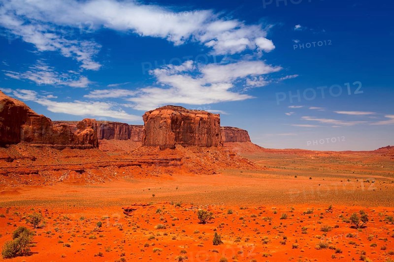 Iconic peaks of rock formations in the Navajo Park of Monument Valley in Utah