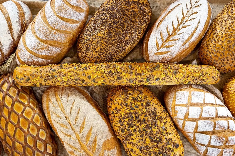 Different kinds of breads seen from above