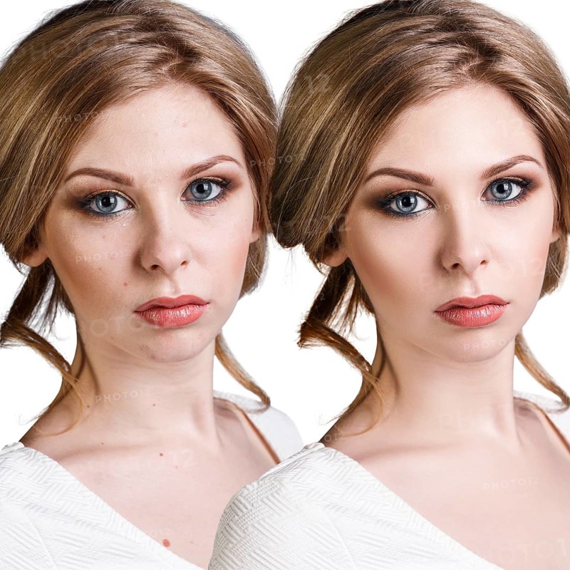Comparison portrait of young blond woman before and after retouch
