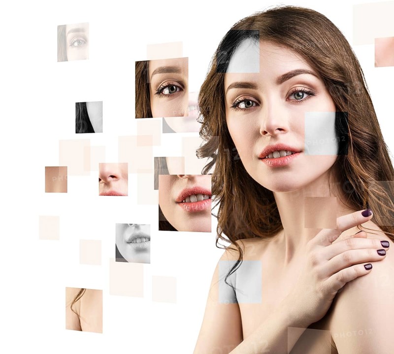 Young woman's face collected from different parts over white background