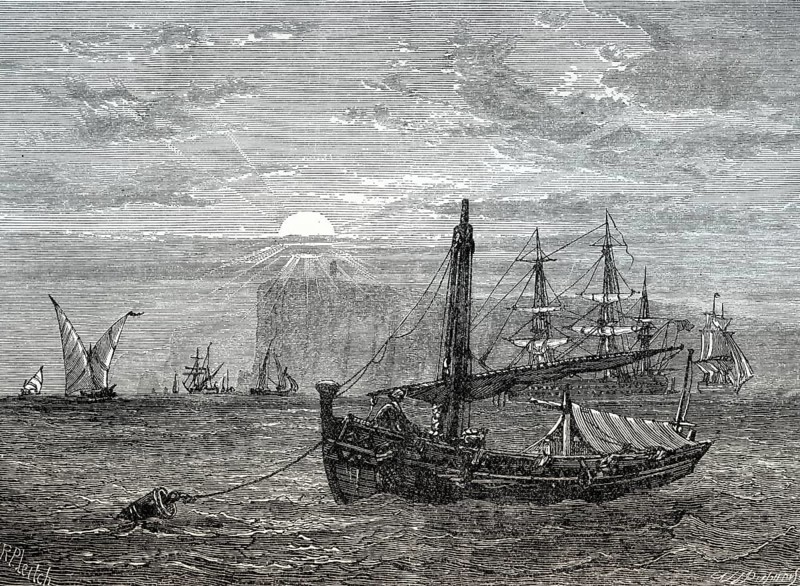 Historical view of Cape Trafalgar, Province of Cádiz, Spain, 18th century, From British Battles on Land and Sea by James Grant, Europe