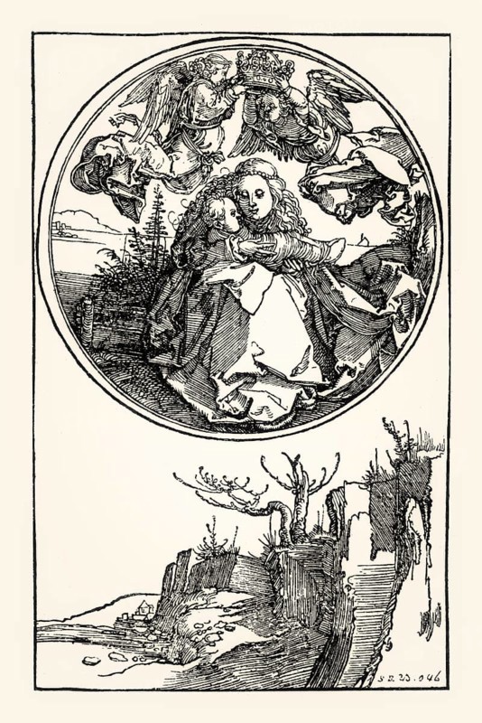 The Virgin Mary and Christ Child crowned by two Angels, Albrecht Dürer, woodcut, 16th century