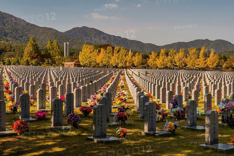 Daejeon, South Korea, October 27, 2019: War memorial and hercules missile above trees in fall colors behind field of headstones at National Cemetery, Asia