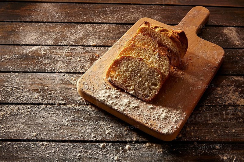 Bread sliced loaf on wooden board in rustic wood table