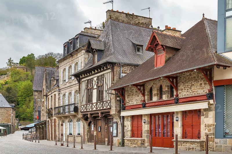 Street with half-timbered houses in Dinan city center, Brittany, France, Europe