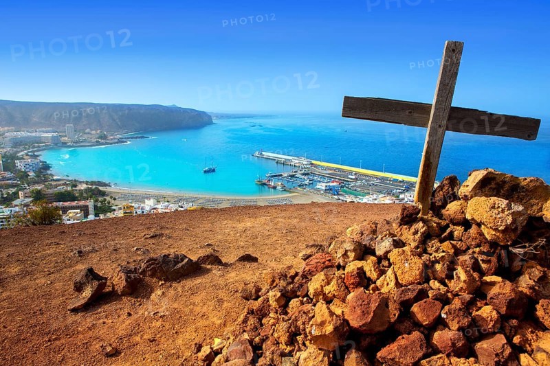 Aerial view of Los Cristianos beach in Arona Tenerife Canary Islands