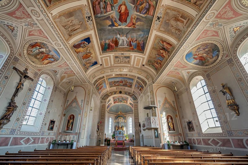 Main altar and ceiling frescoes, St. Blasius Catholic Parish Church in Dietmannsried, Allgäu, Bavaria, Germany, Europe