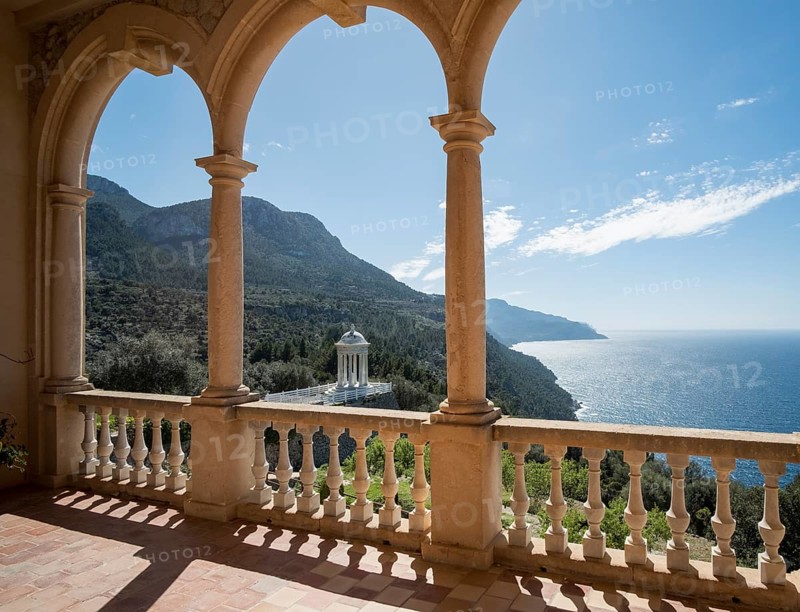 Majorca, Finca Son Marriog near Valldemossa, view from the terrace to the marble pavilion