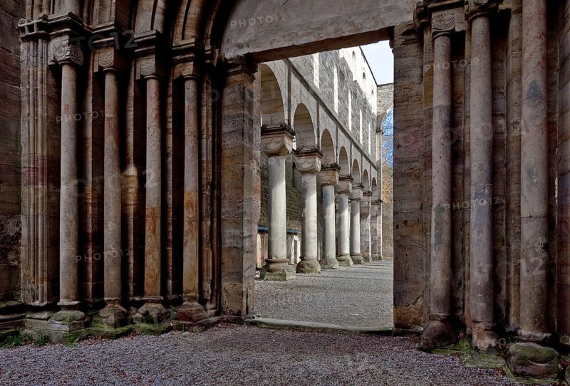 Paulinzella. Monastery ruins. Main construction period 1105-24 since 16-17th century Ruin of the main portal looking through the northern arcades of the nave to the east, St., Sankt, Saint