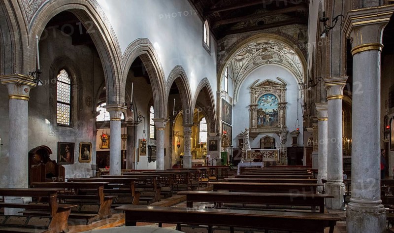 Italy Venice Church of San Giovanni in Bragora -265 Interior to the altar Contemporary architecture from 1475 Open roof truss - Baptistery of Antonio Vivaldi