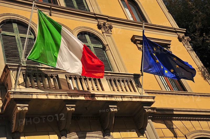 Italian national flag and the European flag