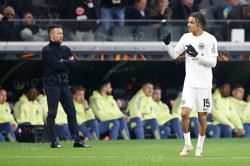 Football, Europa League, Round of 16 second leg, 2024/2025, Eintracht Frankfurt vs. Ajax Amsterdam, 13/03/2025, Frankfurt Stadion, Frankfurt, Germany, Jean-Matteo BAHOYA (Eintracht Frankfurt, 19) thumbs up after his 1-0 goal, Europe
