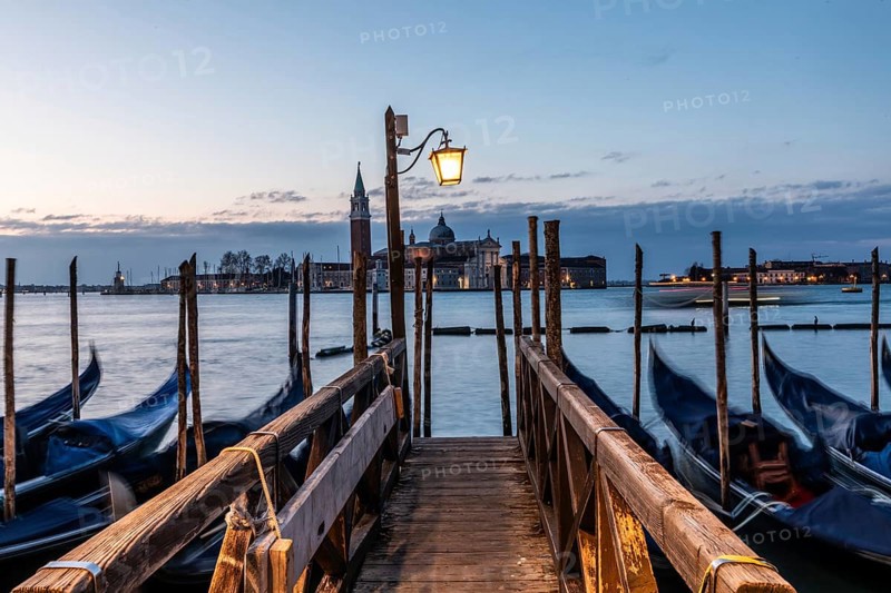 Morning atmosphere, Venetian gondolas with the church of San Giorgio Maggiore in the background, Venice, UNESCO World Heritage Site, Veneto, Italy, Europe