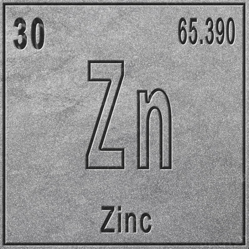 Zinc chemical element, Sign with atomic number and atomic weight, Periodic Table Element, silver background