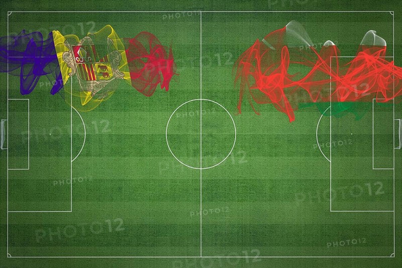 Andorra vs Oman Soccer Match, national colors, national flags, soccer field, football game, Competition concept, Copy space