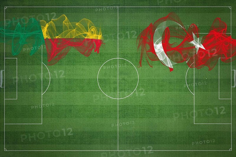 Benin vs Turkey Soccer Match, national colors, national flags, soccer field, football game, Competition concept, Copy space