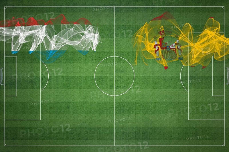 Luxembourg vs Spain Soccer Match, national colors, national flags, soccer field, football game, Competition concept, Copy space