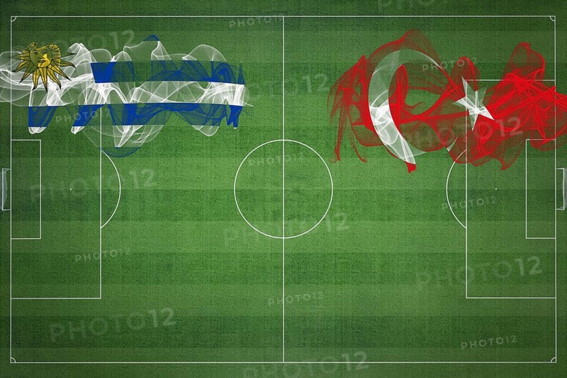 Uruguay vs Turkey Soccer Match, national colors, national flags, soccer field, football game, Competition concept, Copy space