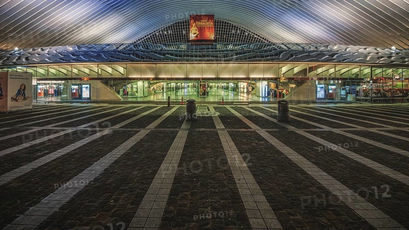 Architecture and entrance of a railway station at night, illuminated and symmetrical, Liège-Guillemins railway station, Liège-Guillemins, Belgium, Europe