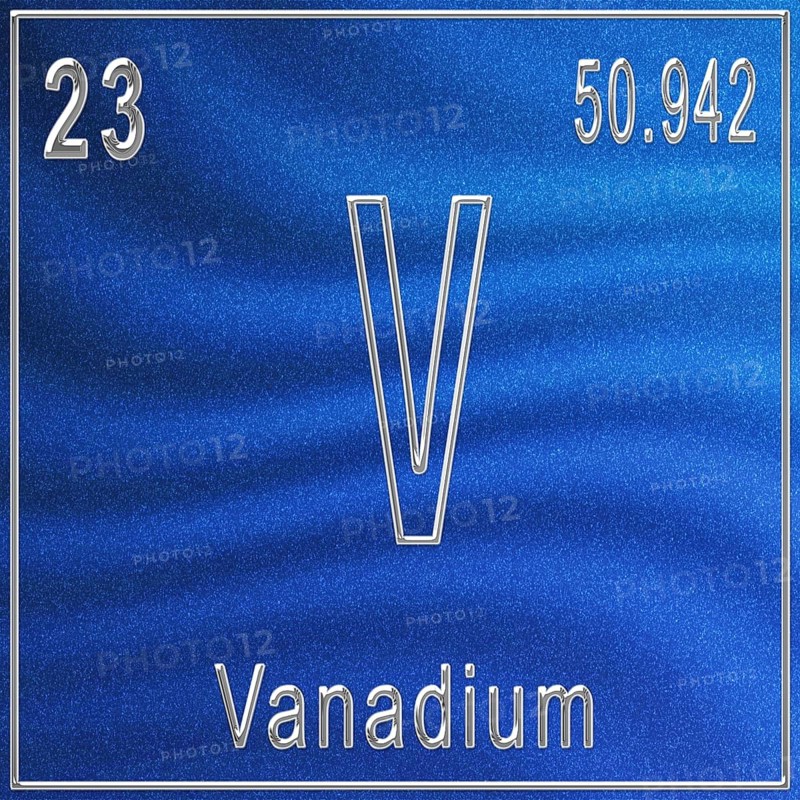 Vanadium chemical element, Sign with atomic number and atomic weight, Periodic Table Element