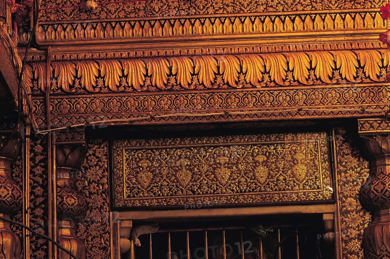 Gold plate embossed golden temple, amritsar, punjab, india, asia
