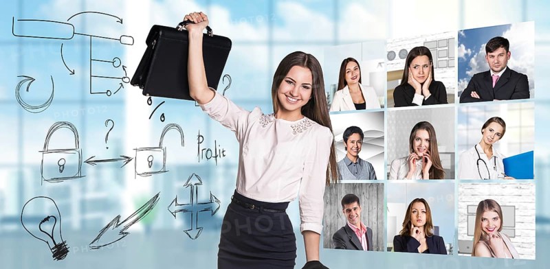 Collage of people from different professions squared blocks with business concept and businesswoman in the center