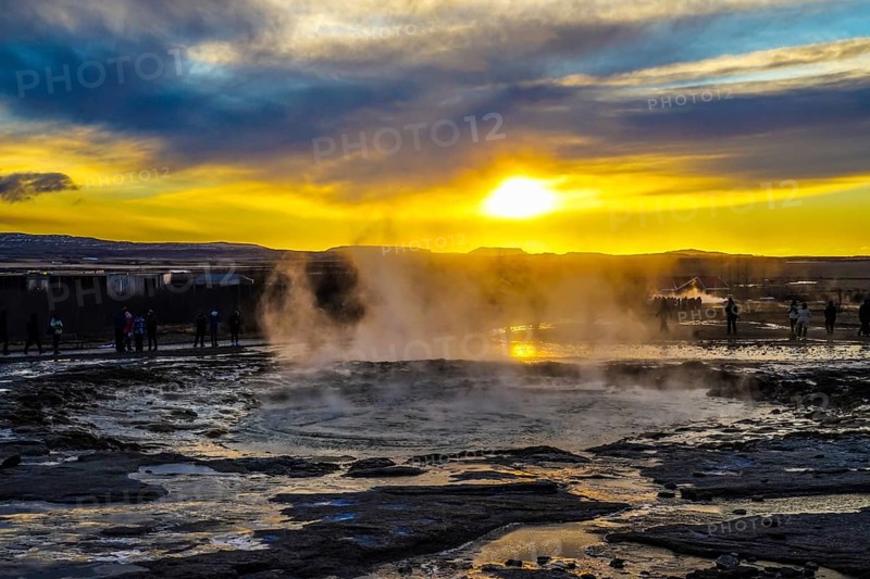 Geysir geyser and sunrise Iceland. Shooting Location: Iceland, Reykjavik