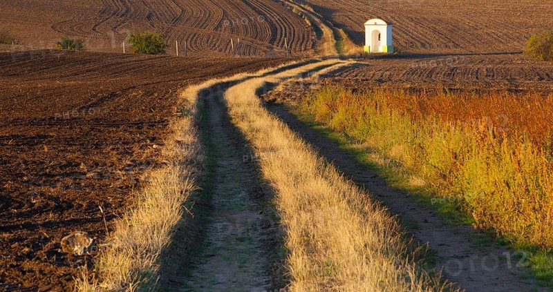 Small chapel in the autumn field. Autumn landscape with agricultural land, recently plowed and prepared for the crop.Central Bohemian Upland, Czech Republic, Europe