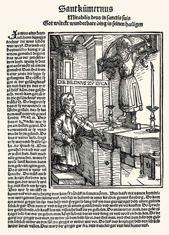 He legend of Wilgefortis, Kümmernis, Uncumber, 1507, Hans Burgkmair the Elder, facsimile of the 19th century