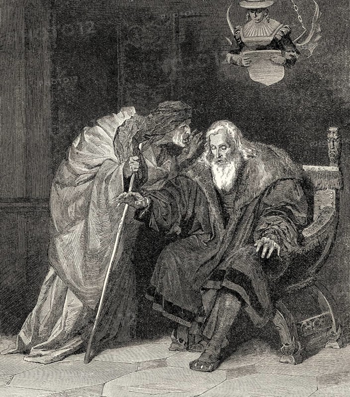 The personification of Care with blind Faust, Act V, Faust II, Johann Wolfgang von Goethe