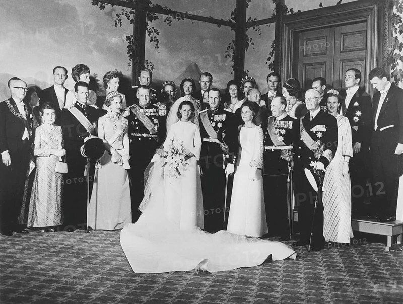 King Harald of Norway. Pictured when being crown prince with his wife Sonja at their wedding in Oslo domkyrka on august 29 1968. Harald V of Norway and Sonja of Norway's wedding 29 August 1968. First row from left: Finnish President Kekkonen with his wife, King Baudouin, Queen Ingrid and King Frederik of Denmark, Crown Princess Sonja and Crown Prince Harald, Mrs. Dagny Haraldsen, King Olav V and King Gustav V Adolf of Sweden. Second row f.v., Princess Anne of Denmark, Iceland's President Eldjarn and wife, Princess Margaretha, Erling Lorentzen, Princess Ragnhild Mrs. Lorentzen, Princess Astrid Mrs. Ferner, Johan Martin Ferner, Irmelin Riddervold (forlover), Countess Ruth of Rosenborg, Prince Carl Bernadotte of Sweden, Prince Henrik of Denmark, Countess Charles Ullens De Schooten, Grand Duchess Charlotte of Luxembourg, Grand Duke Jean of Luxembourg, Princess Margarethe of Denmark, Prince Claus of the Netherlands and Count De Schooten