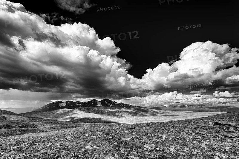 Rain shower over the Acre Massif, Stora Sjöfallet National Park, World Heritage Laponia, Norrbotten, Lapland, Sweden, July 2013, Europe