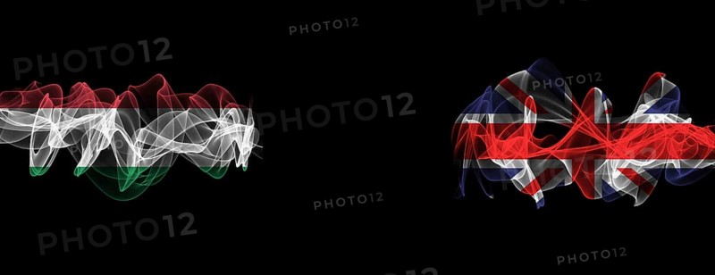 Flags of Hungary and United Kingdom on Black background, Hungary vs United Kingdom Smoke Flags