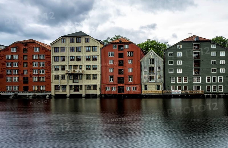 View of warehouses at the Nidelva river in Trondheim, Norway, Europe