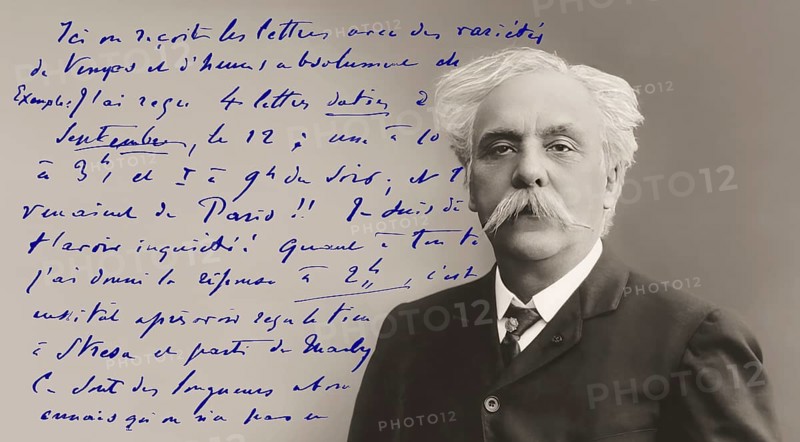 Portrait of Gabriel Fauré, 1845-1924, French composer, digitally edited according to a photograph by Pierre Petit, 1905, letter from Gabriel Fauré to Marie Fauré-Frémiet
