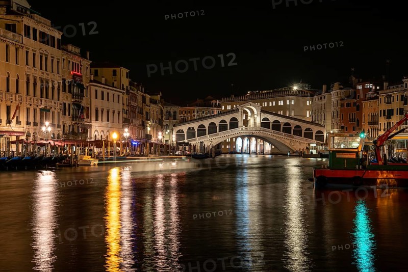 Rialto Bridge from Canal Grande at Night, Venice, Italy, Europe