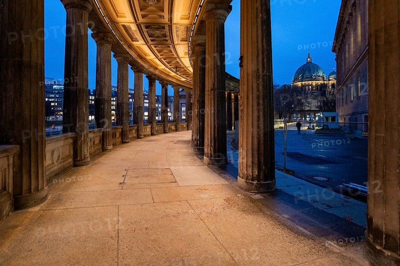 Germany, Berlin, 19.12.2024, Museum Island, newly renovated part of the colonnades, National Gallery museum courtyard, Berlin Cathedral, Europe