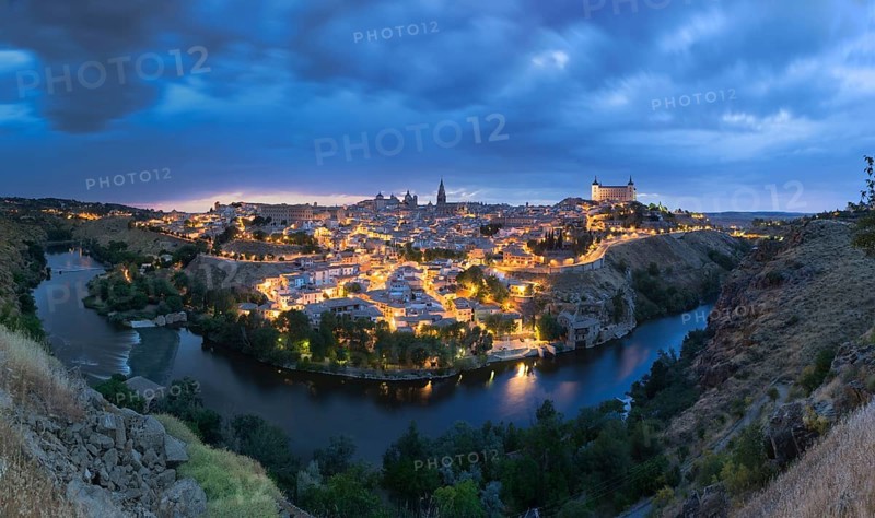 Panoramic view of Toledo after sunset, Spain, Europe