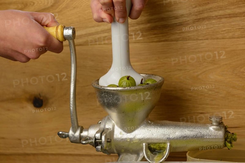Green gooseberries being pressed - close-up of fruit press