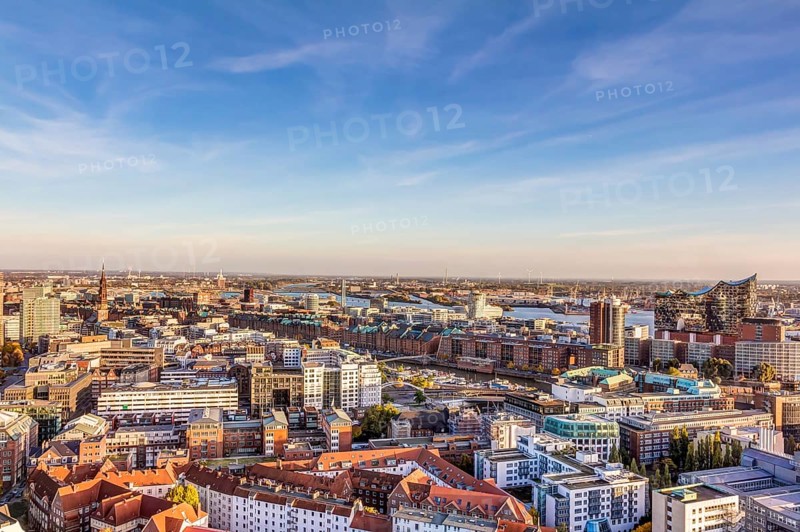 Aerial view of Hamburg with Speicherstadt and Elbphilharmonie