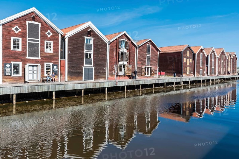 Hudiksvall, Halsingland, Gavleborg County -Sweden, 08 01 2019 Reflecting fishing warehouses in the city center